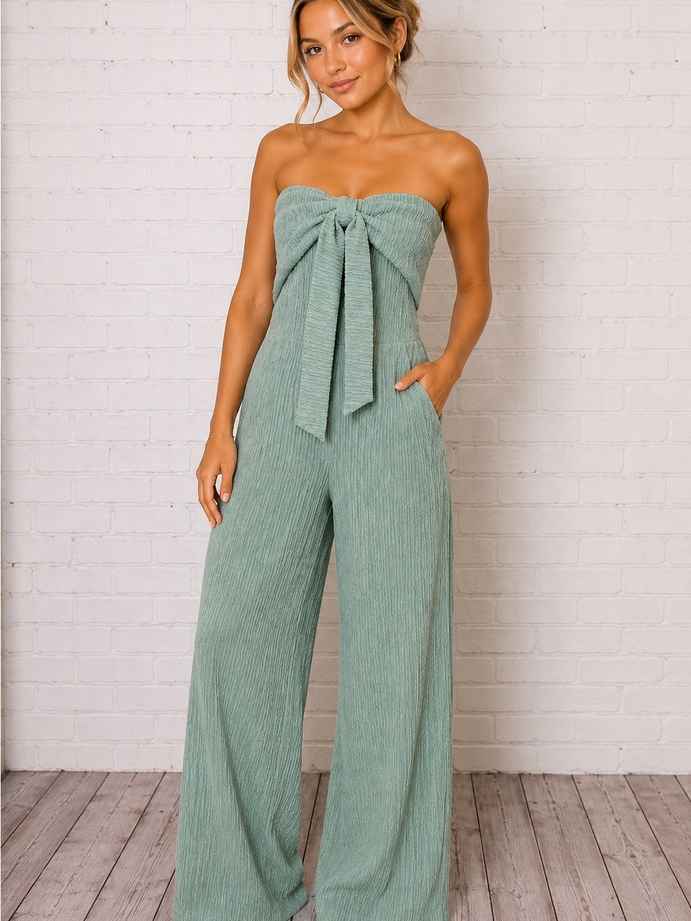 Strapless Bow-Tie Wide Leg Jumpsuit - Sage Green